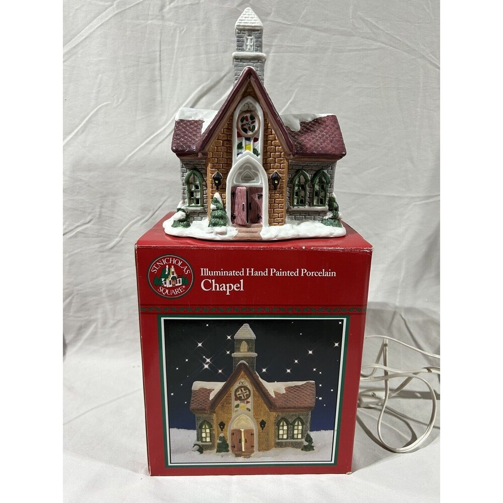 Vintage St. Nicholas Square Christmas Village "Chapel" illuminated